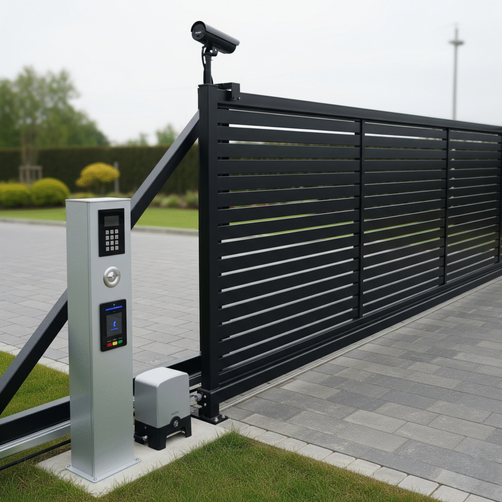 Modern commercial gate with access control keypad and security camera