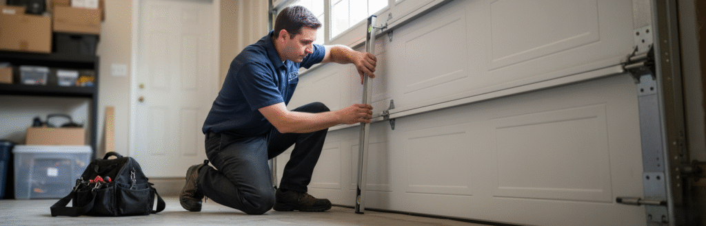 Professional aligning garage door tracks.