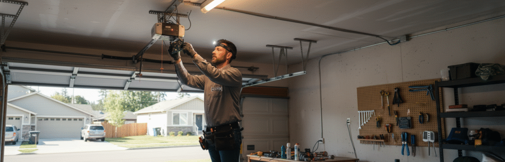 Technician inspecting a garage door opener motor