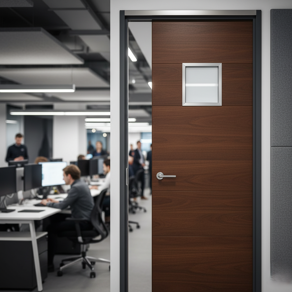 Acoustically insulated commercial door installed in a busy office environment.