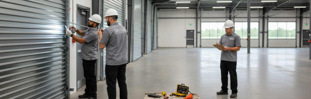 Maintenance team performing door alignment or lubrication on commercial doors