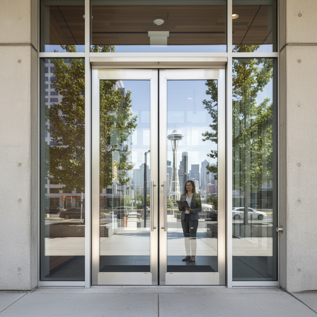 Modern commercial building entrance with insulated glass doors