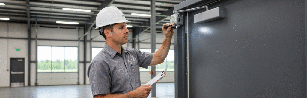 Technician inspecting a commercial door hinge or closer.