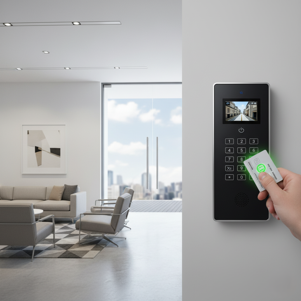 business lobby with a video intercom and access panel.
