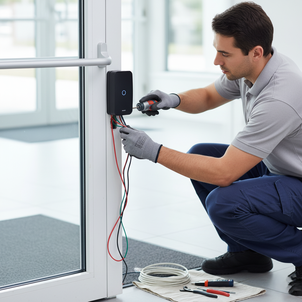 technician installing a modern access control keypad or card reader on a business entry door. (2)