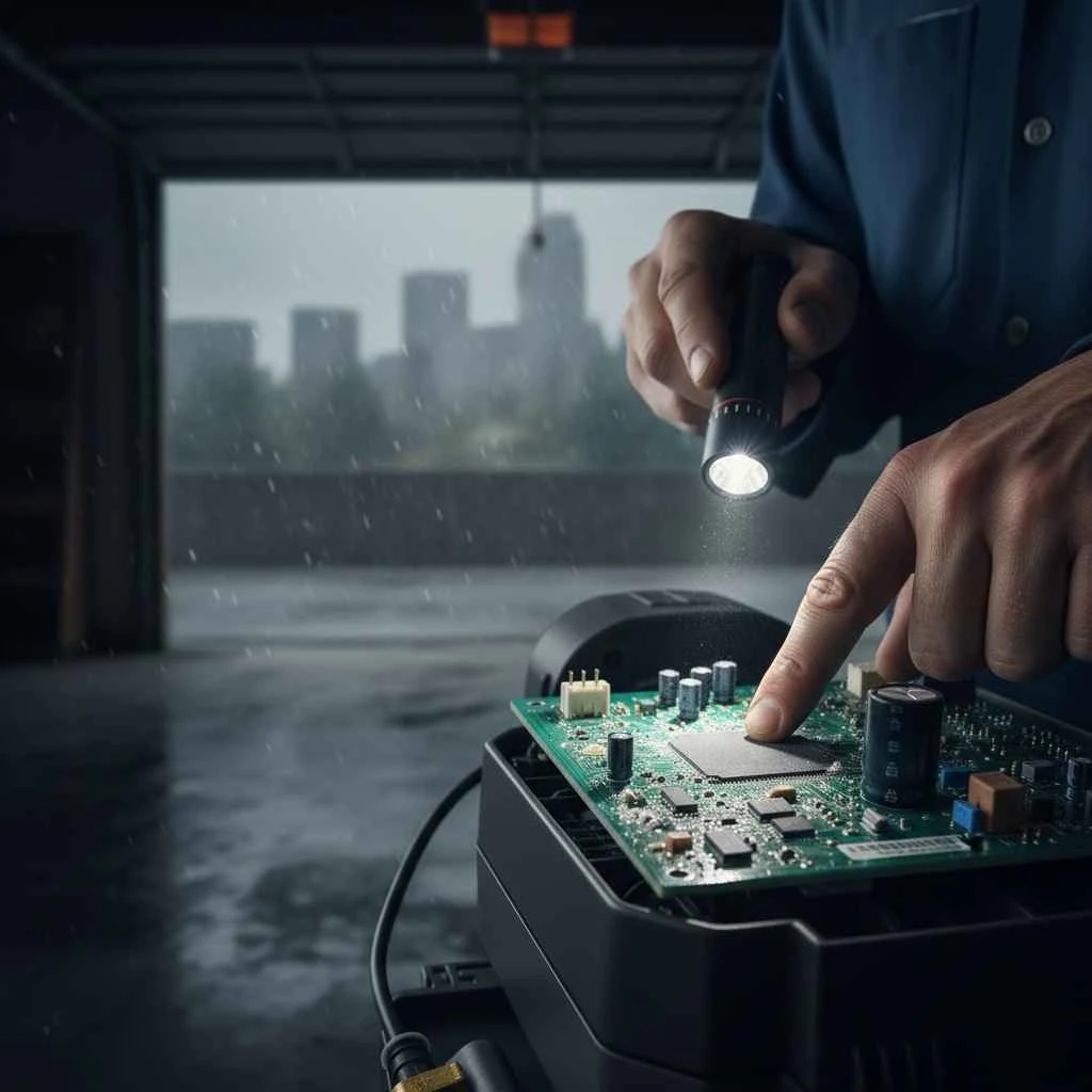  technician inspecting a moisture-affected garage door opener circuit board.