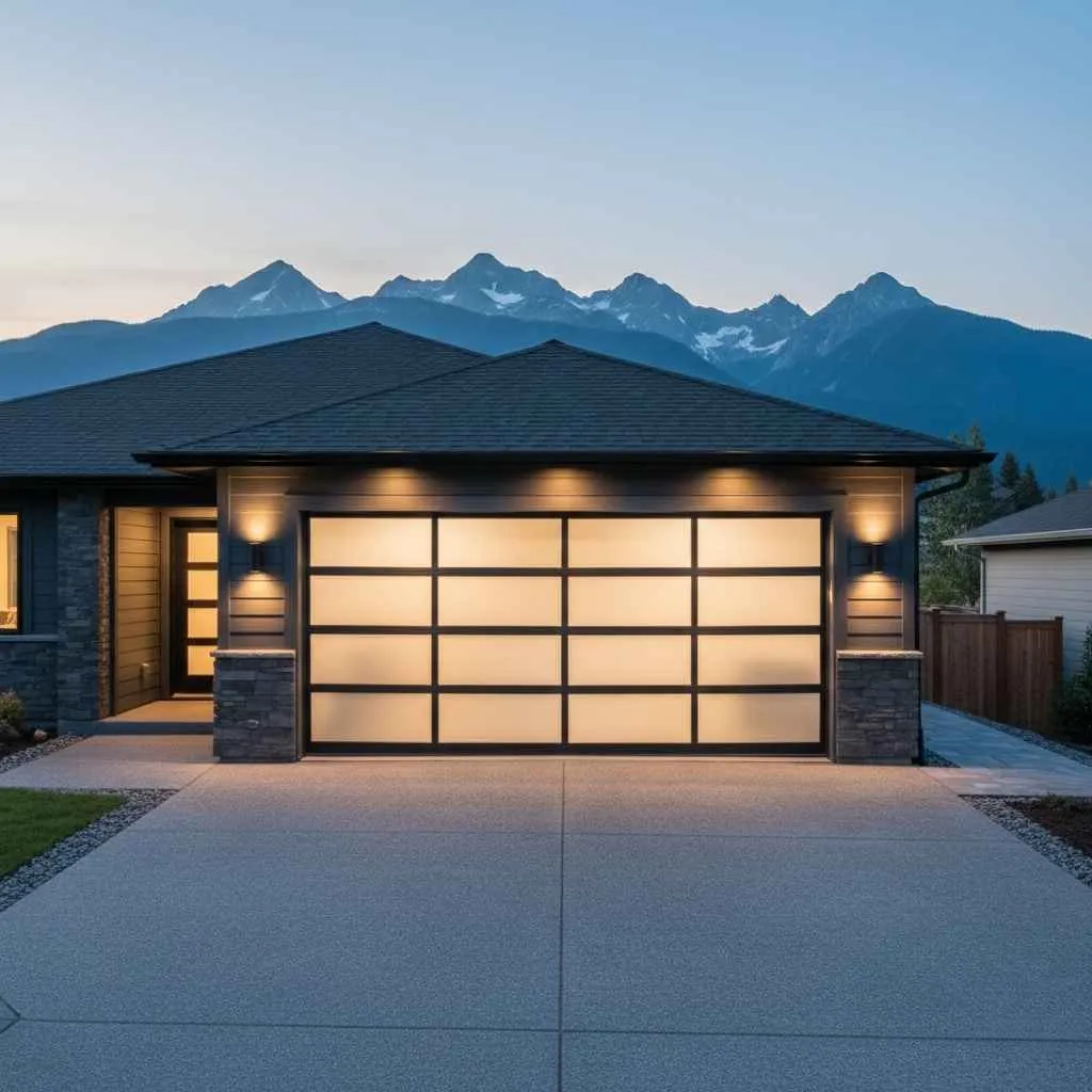 Aluminum and glass modern garage door on a Monroe home