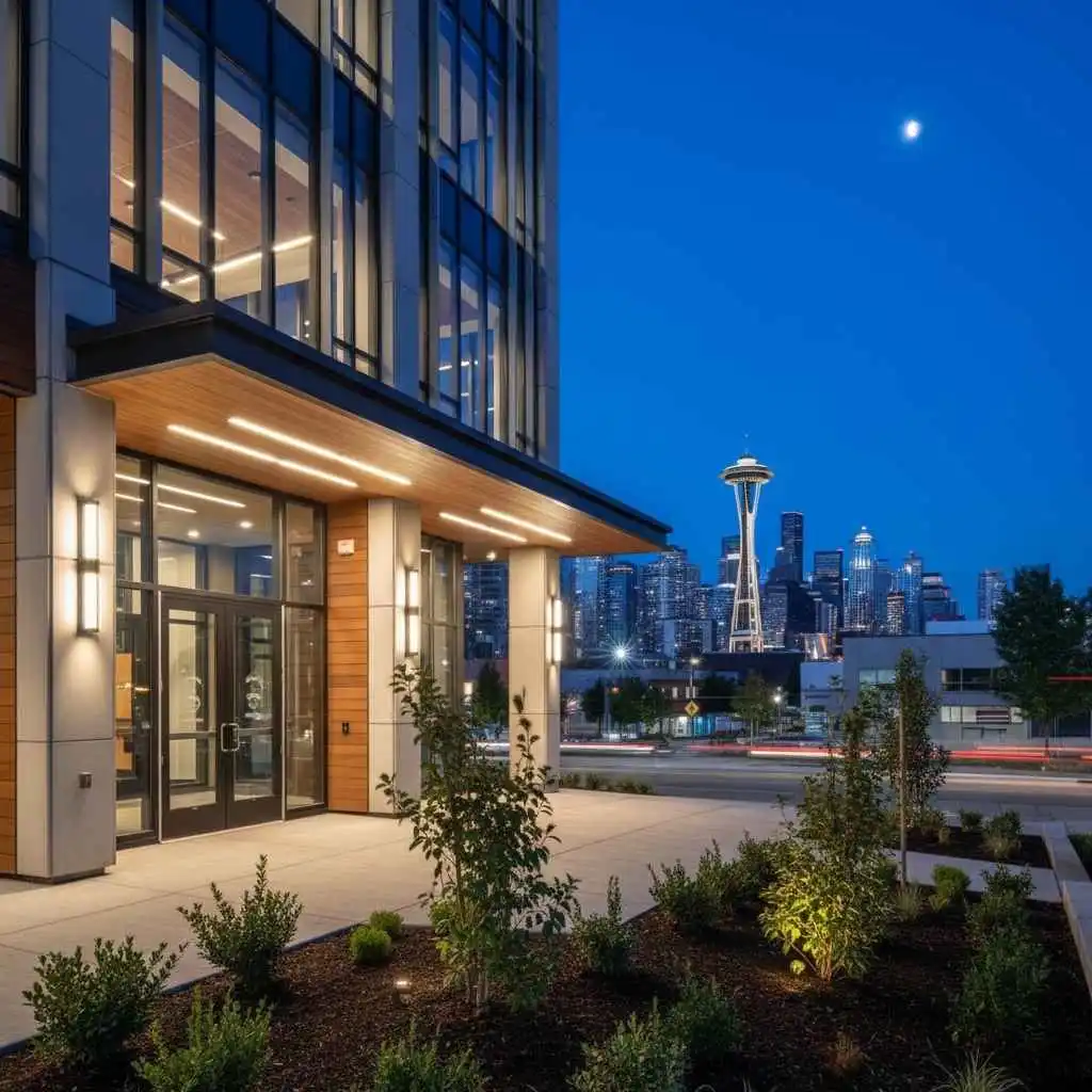 Commercial building entrance showcasing energy-efficient doors in Washington.