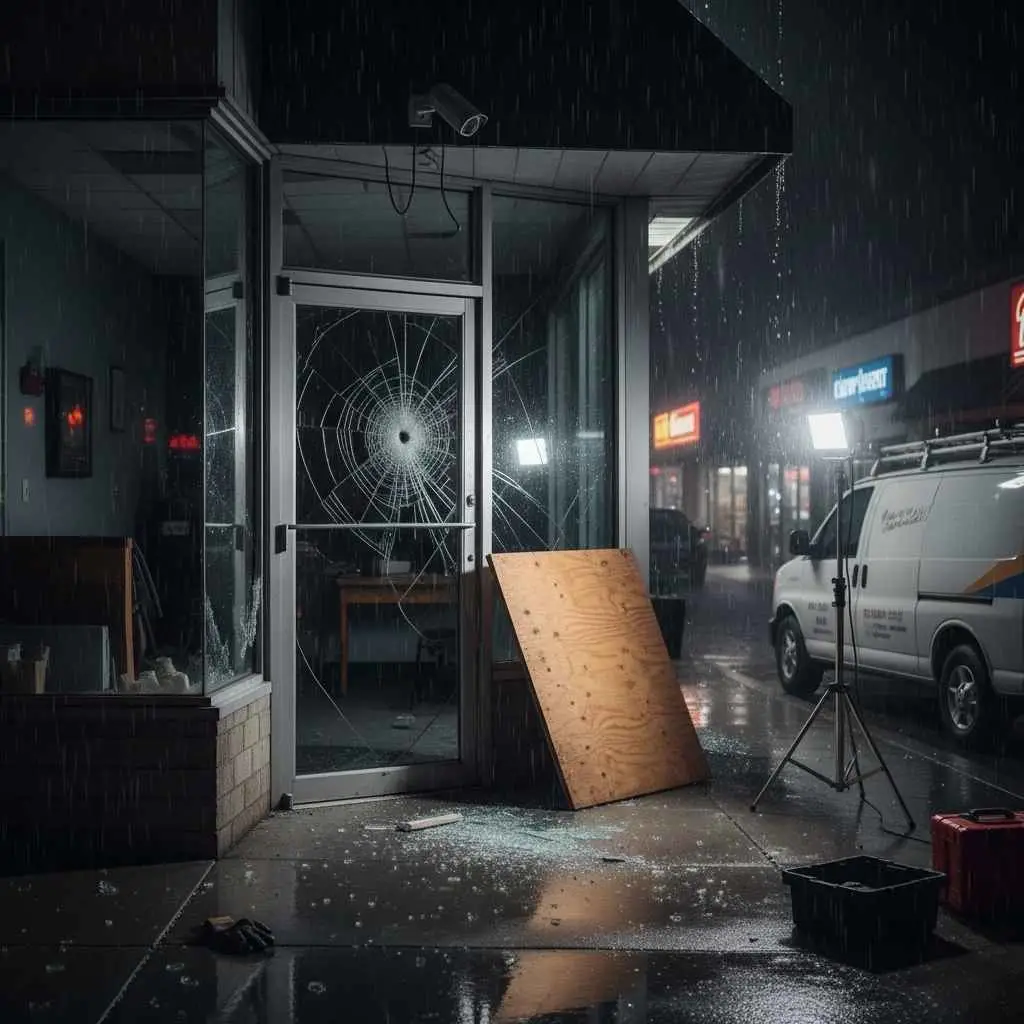 Damaged commercial storefront door in Monroe awaiting emergency repair