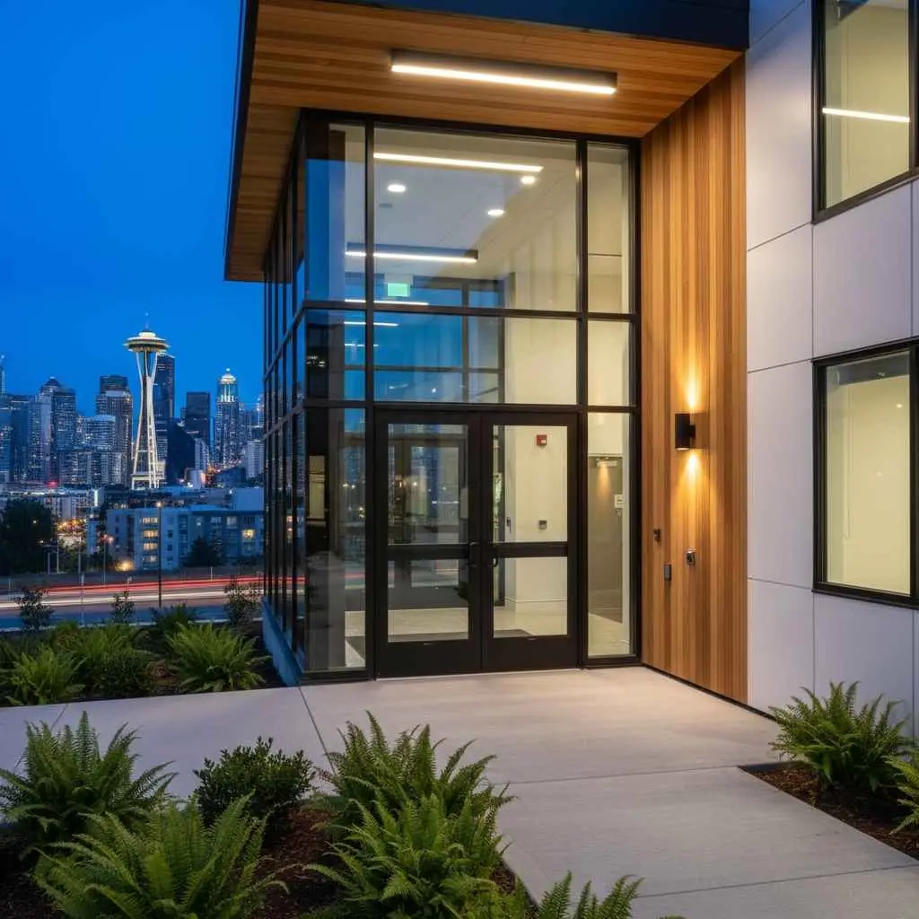 Modern insulated commercial doors at a Washington office entrance.