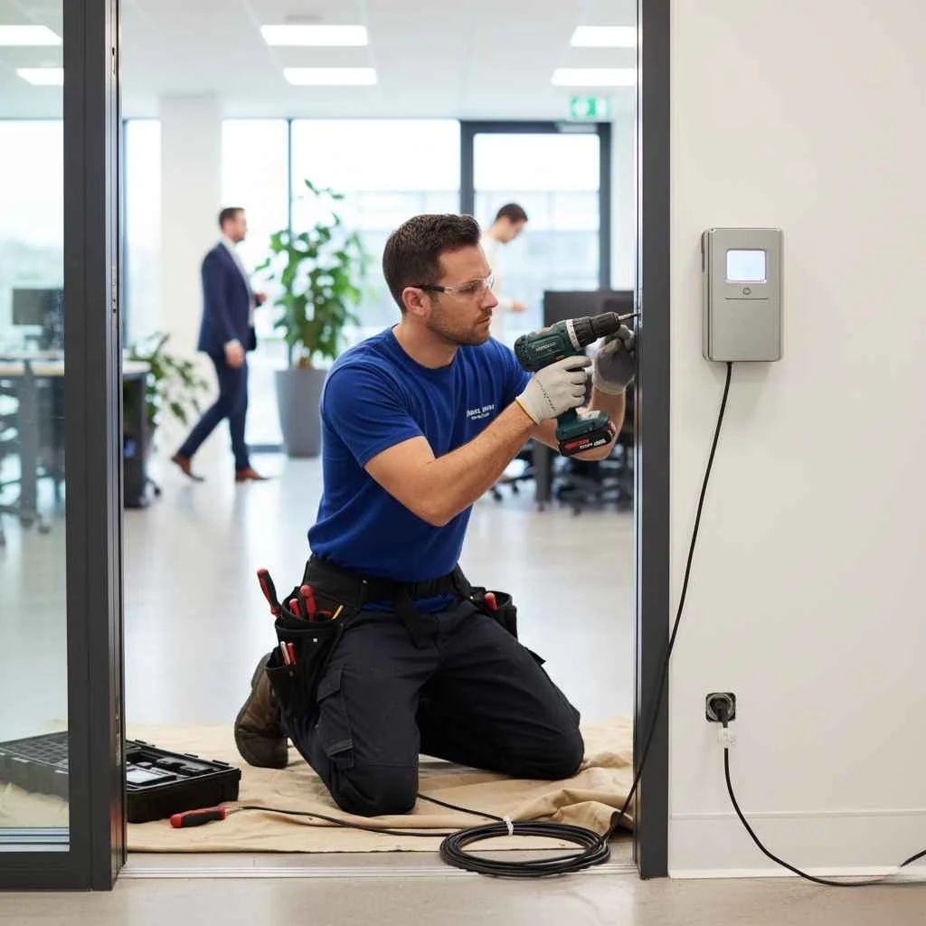 Professional technician installing access control hardware