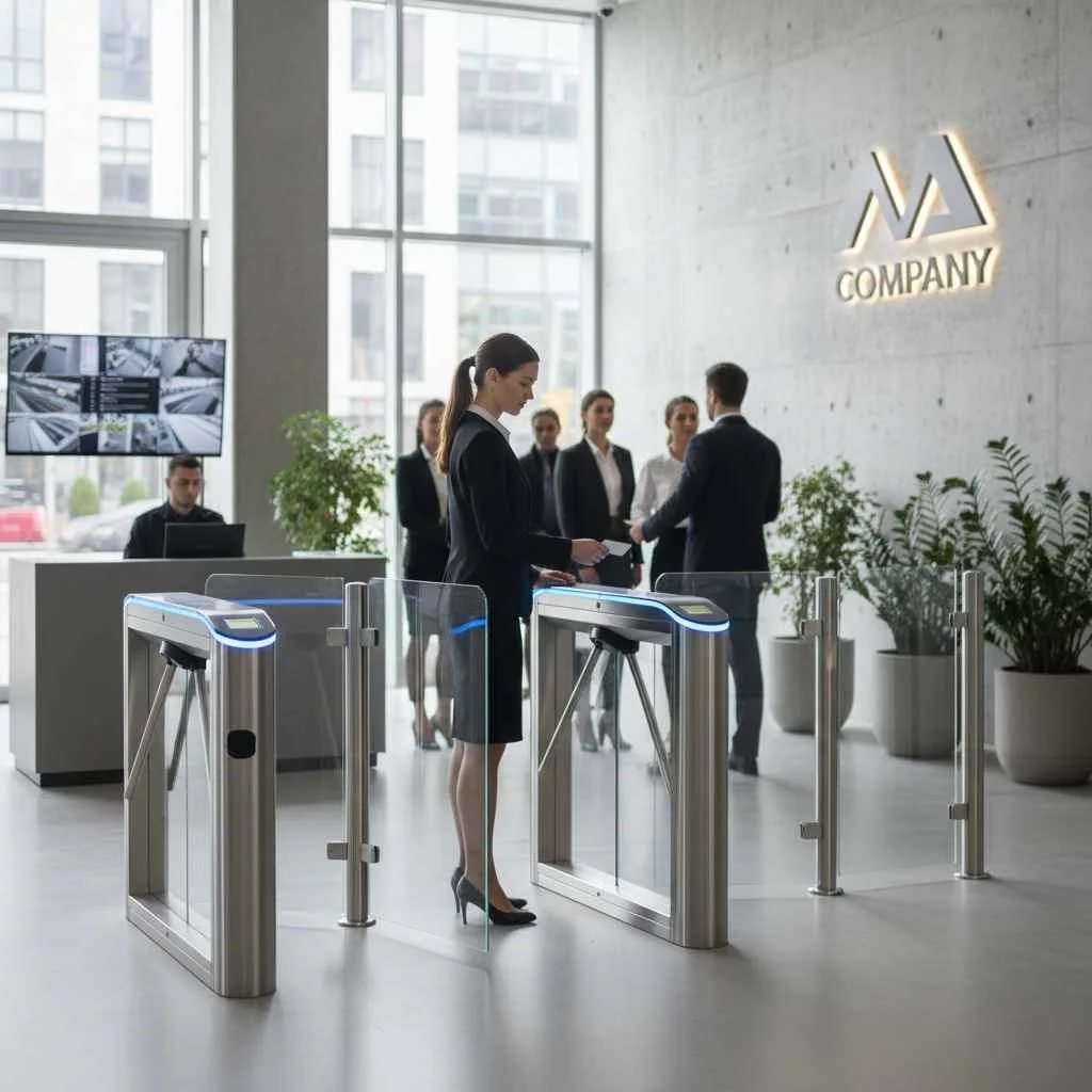 Secure office lobby with access control entry