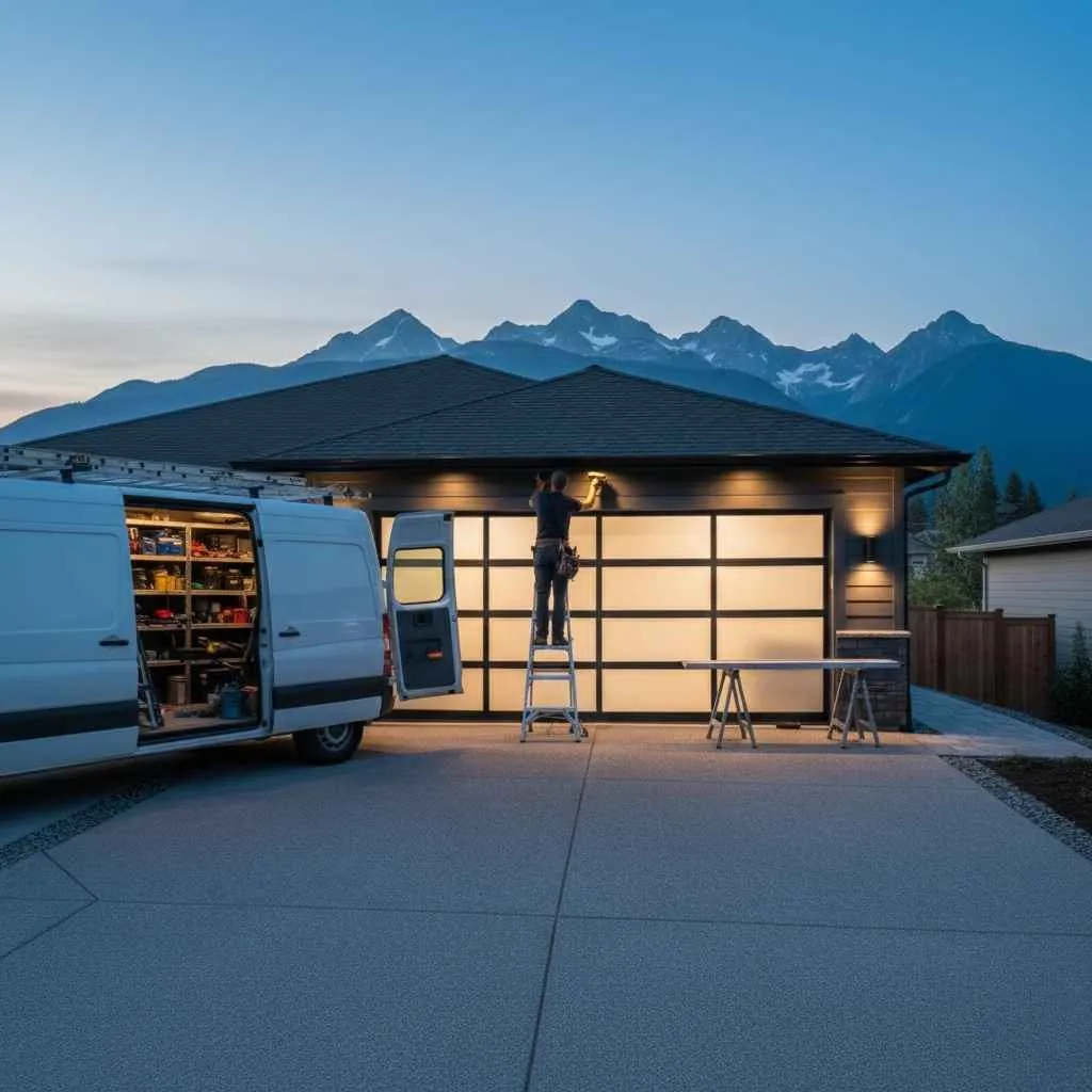 Technician installing a modern garage door