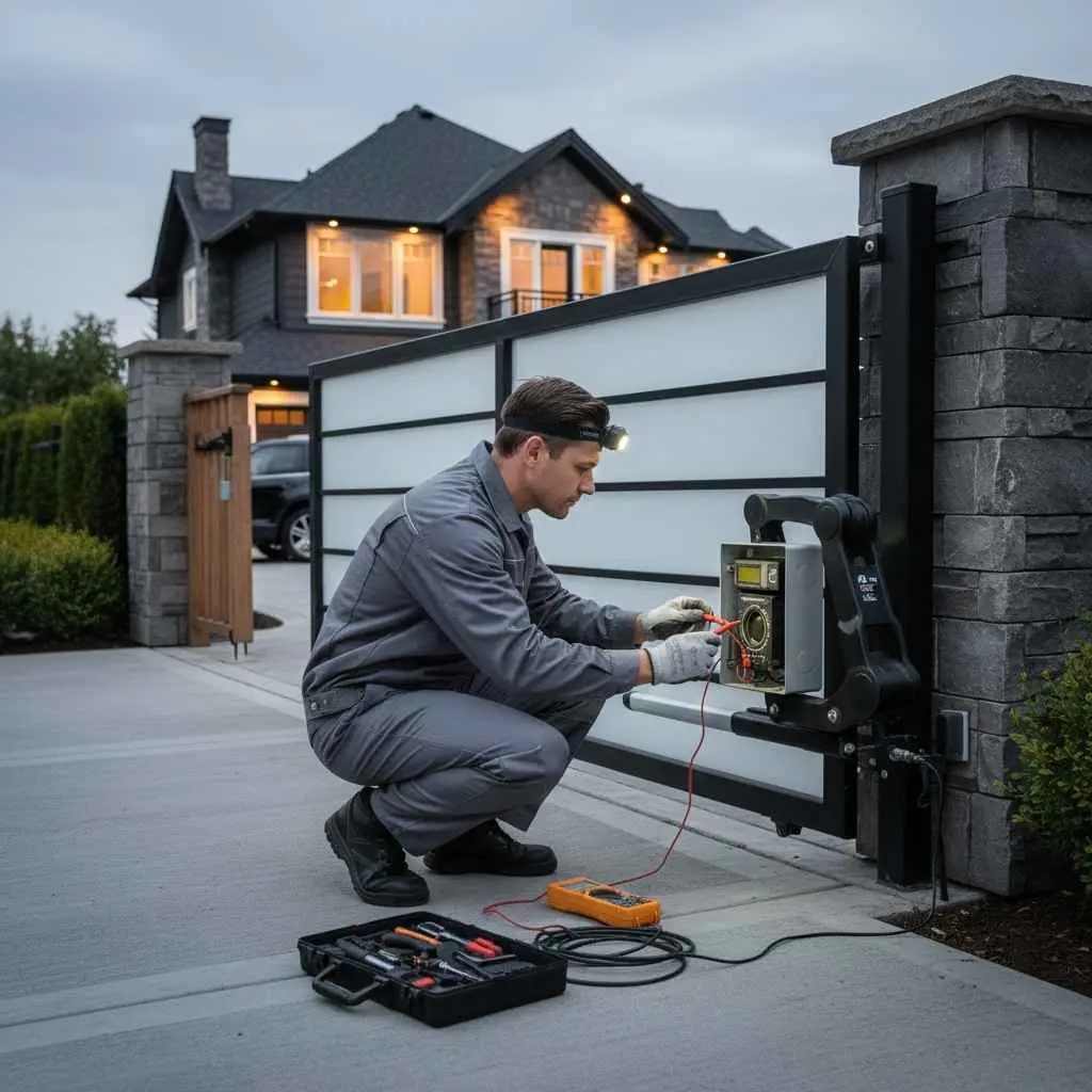 Technician inspecting an automatic driveway gate