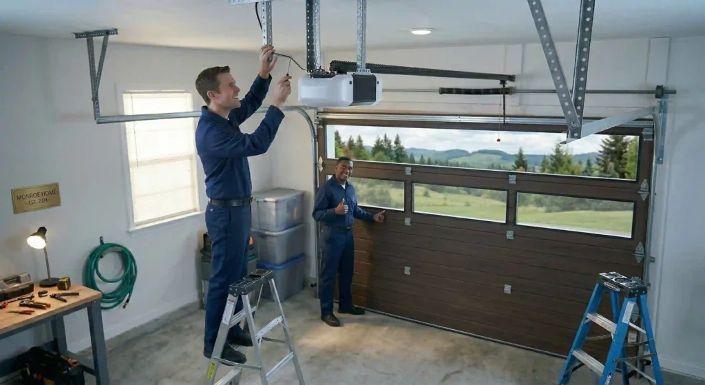 new modern garage door installed on Monroe home