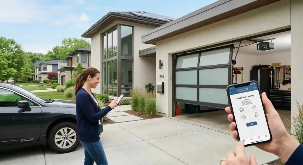 modern Monroe home with a garage door opening via smartphone control.