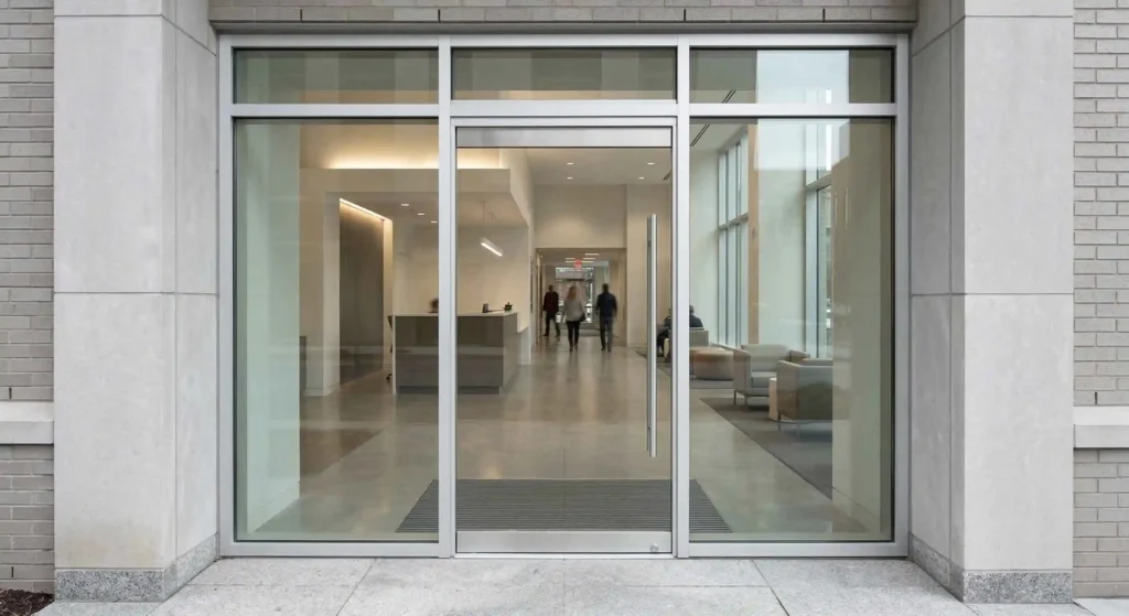 properly aligned commercial glass door with clean frame