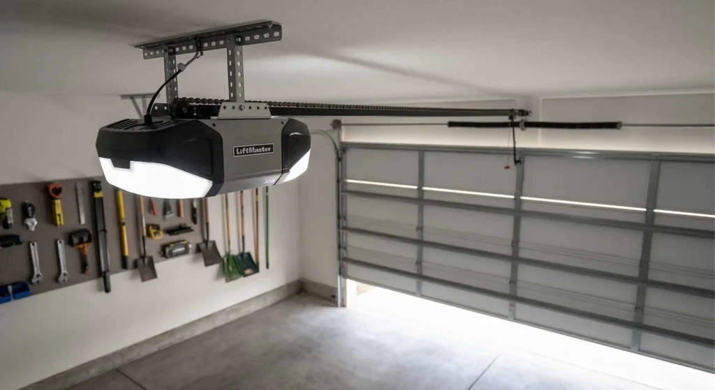 smart garage opener motor mounted on the ceiling.