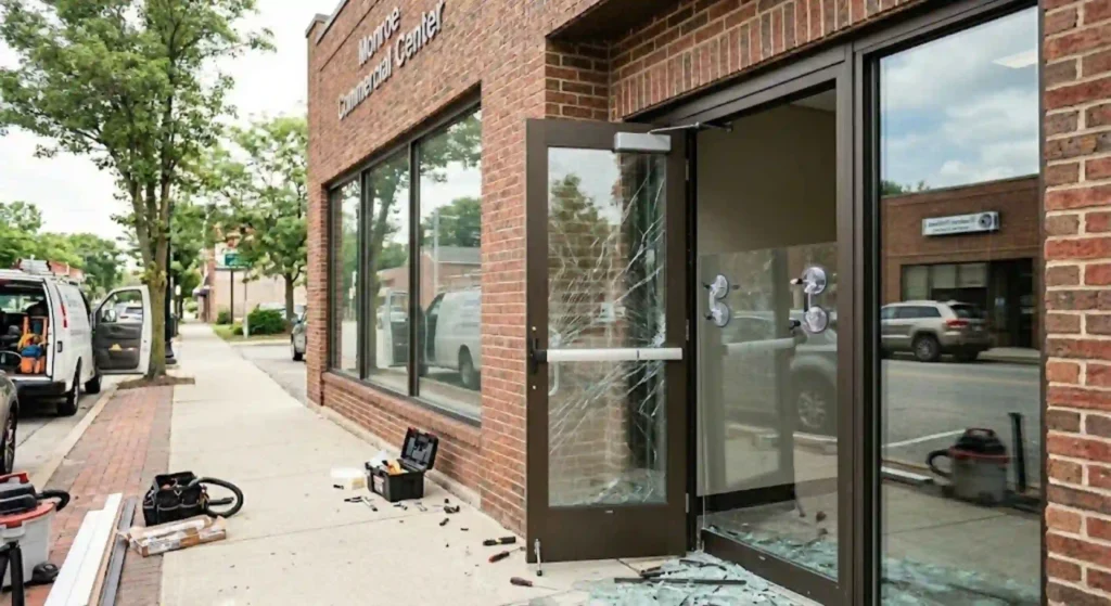 commercial building with damaged door