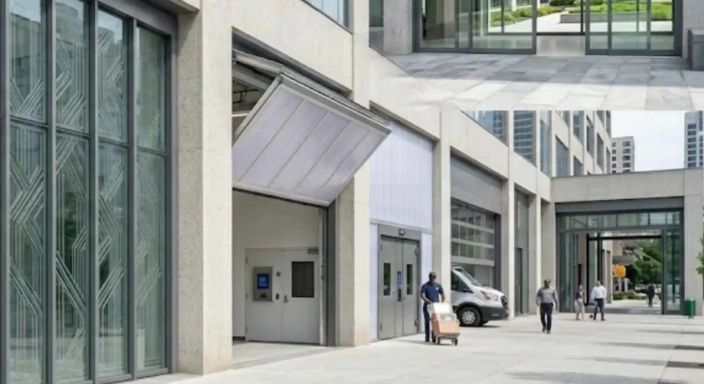 modern commercial facility with multiple specialty doors