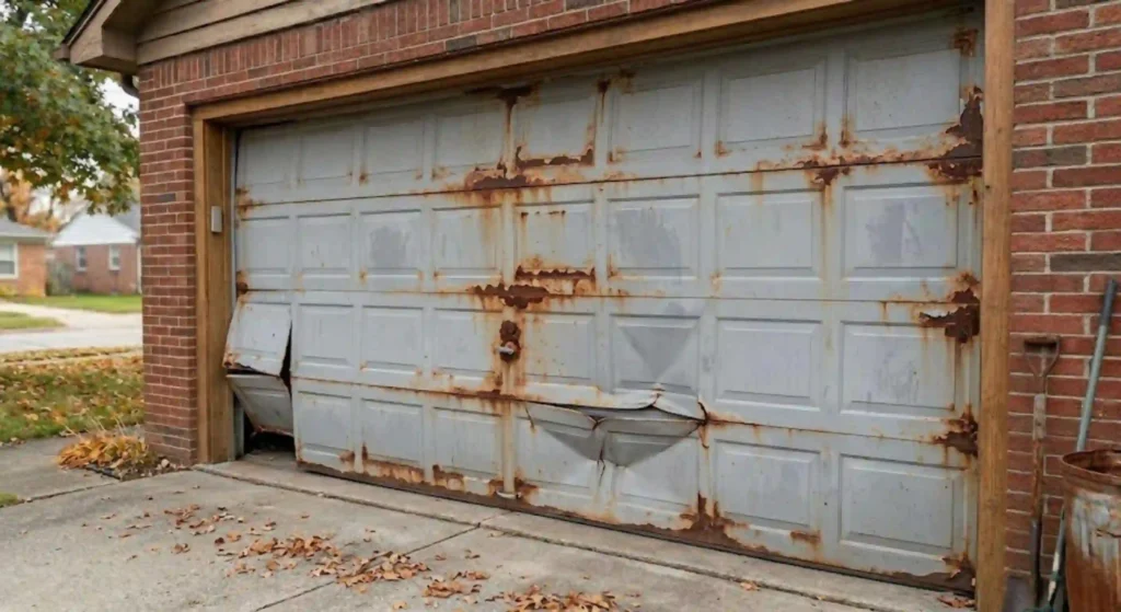 old, damaged garage door with visible rust