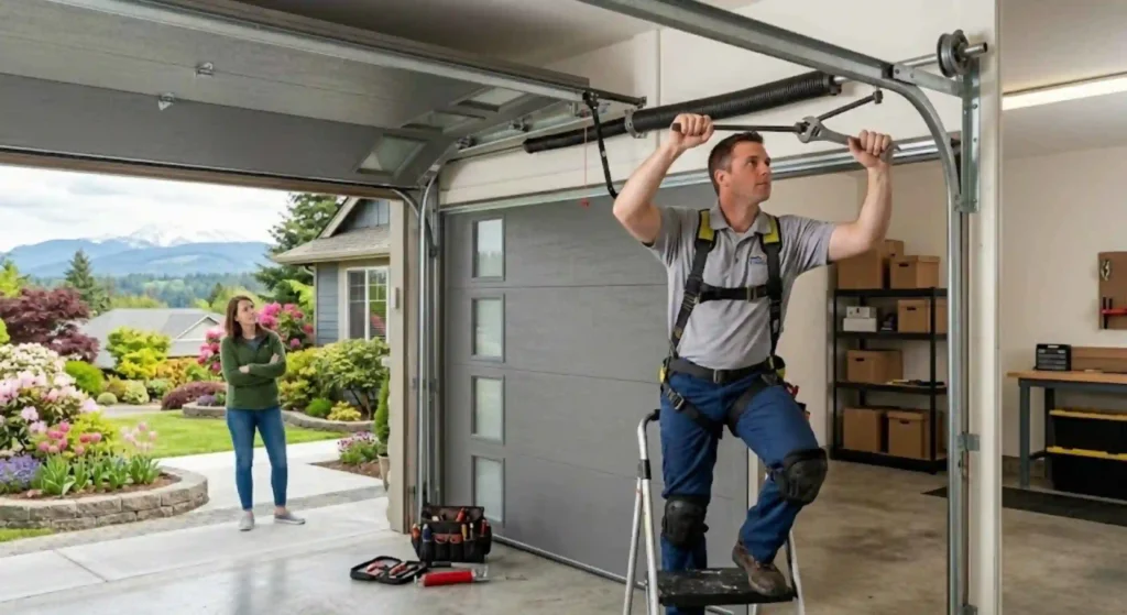 Garage door technician adjusting spring and track system