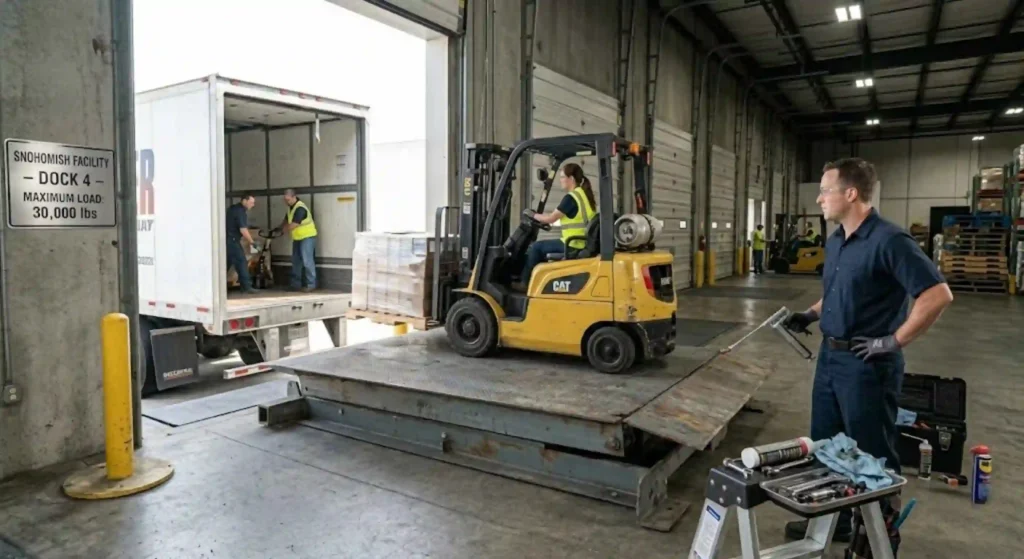 Warehouse dock leveler in operation at Snohomish facility