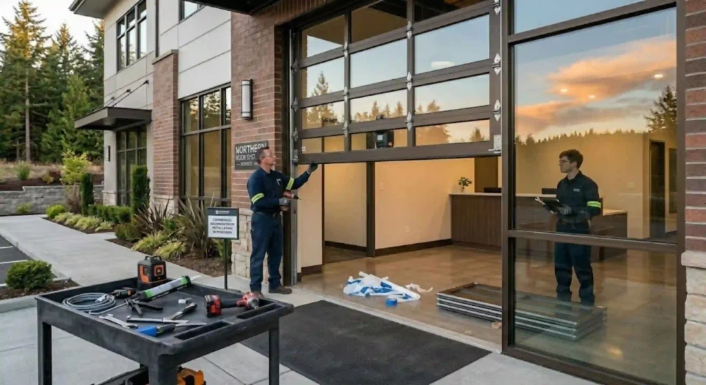 Commercial overhead door installation at a business facility in Monroe, WA