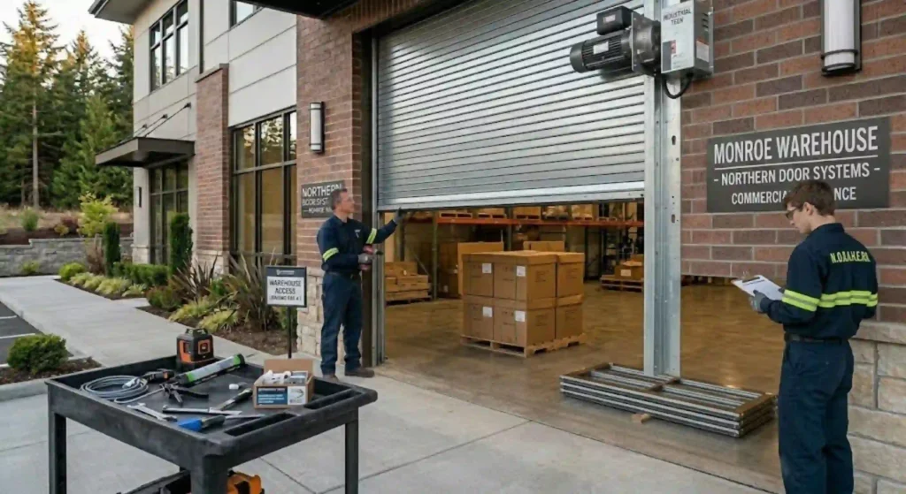 Commercial roll-up door installed at Monroe warehouse facility