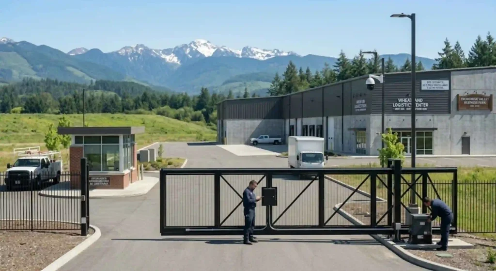 Commercial warehouse protected by automated security gate in Snohomish