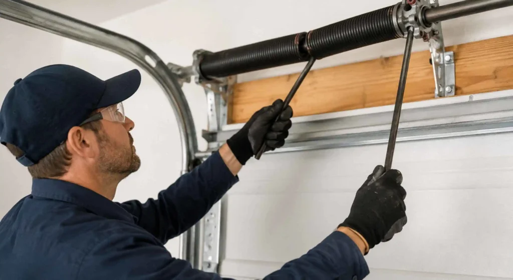 Garage door repair technician replacing broken spring in Monroe