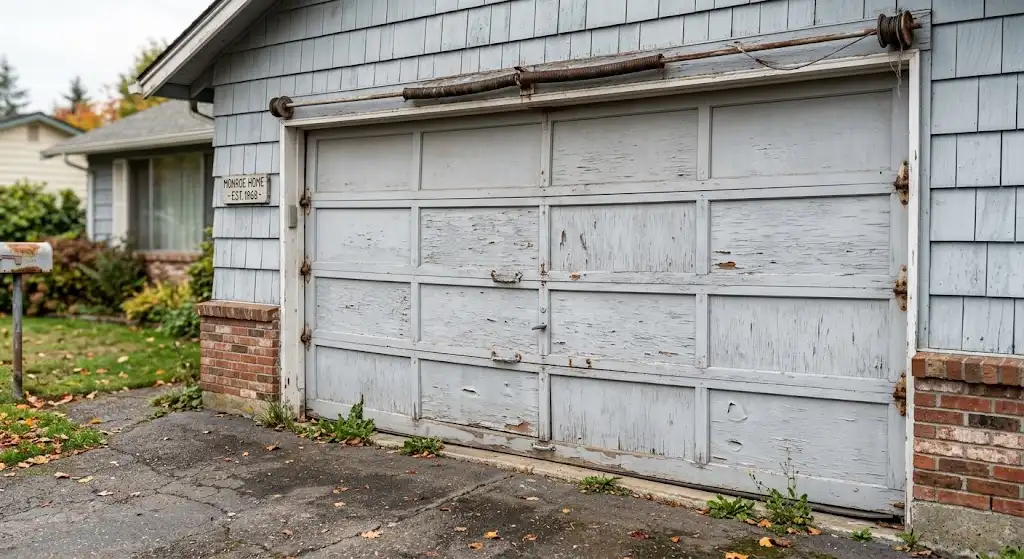 Aging garage door showing weather-related wear on a Monroe WA home