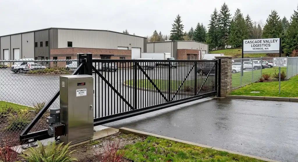 Automated commercial gate protecting a Monroe WA business entrance