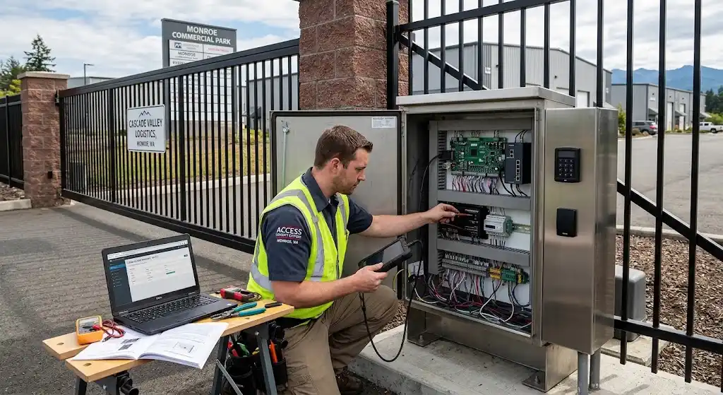 Professional automated gate access control installation for a Monroe WA business