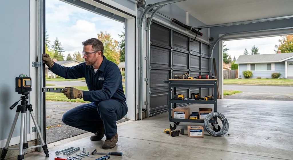 Professional technician aligning a new garage door during installation in Monroe WA