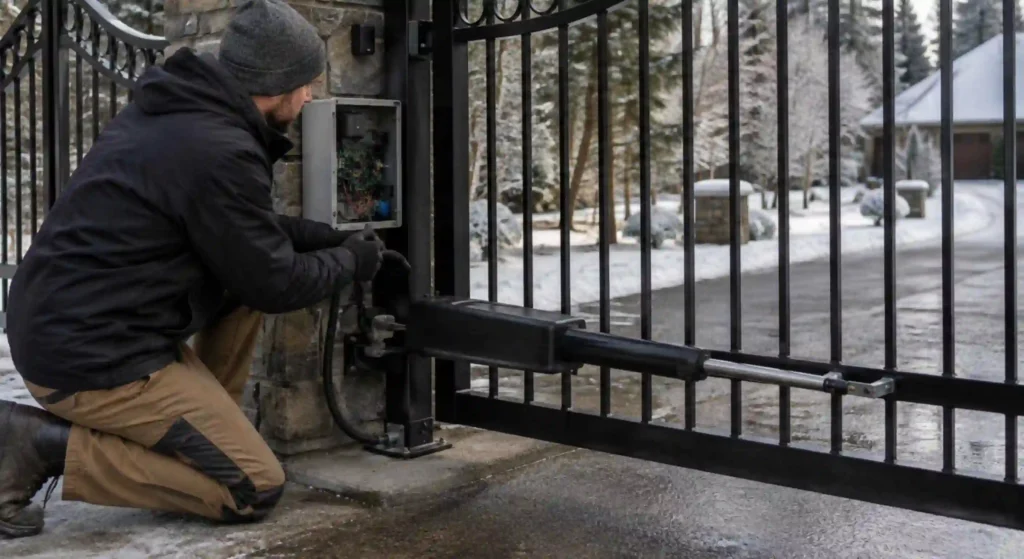 Residential automatic gate being inspected for winter preparation in Monroe WA