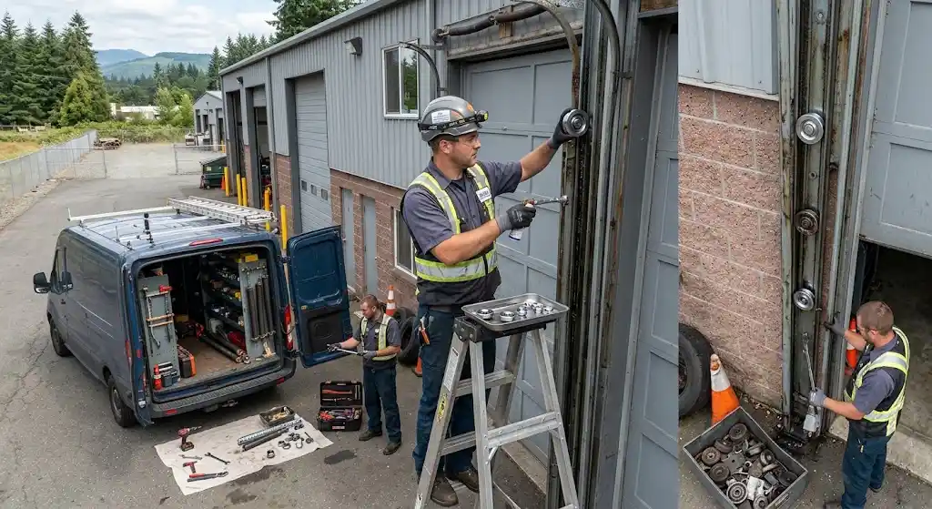 Commercial garage door track and roller repair
