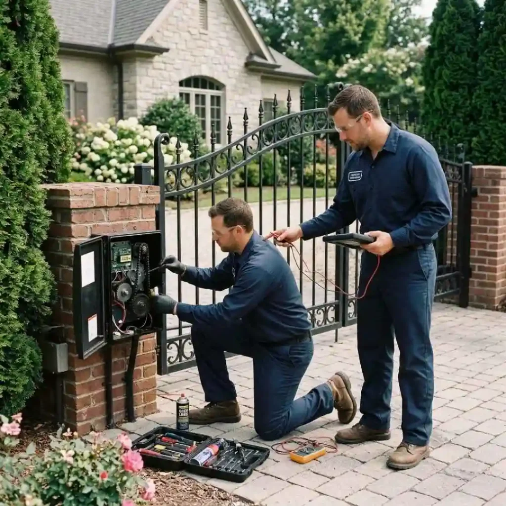 Professional technician repairing an Automatic Driveway Gates system at a Monroe home